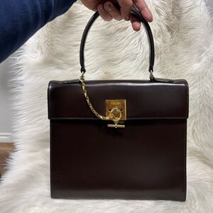 Authentic Celine Chocolate Leather Top Handle Bag with Gold Accent